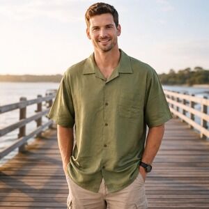 Island Republic Mens XXL Olive Green 100% Silk Jacquard Leaf Camp Shirt RN 95743